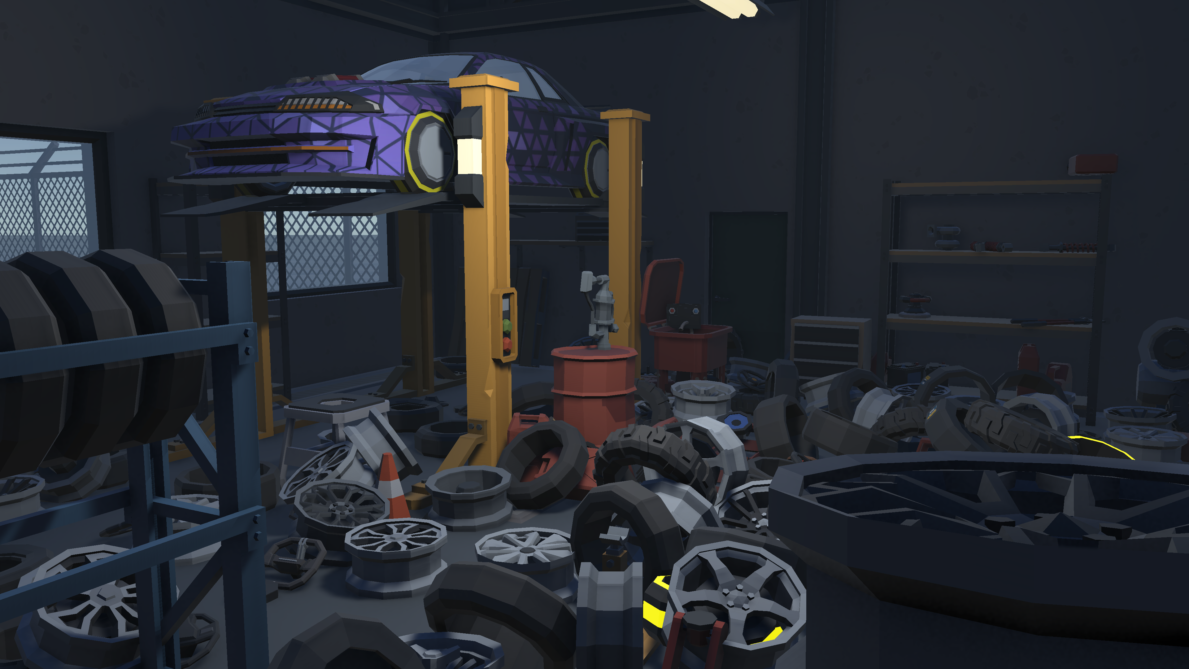 A chaotic automotive workshop filled with tires, rims, car parts, and a purple car on a lift